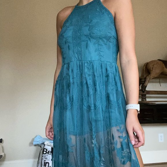 Honey Belle Dresses & Skirts - Honey Belle Long Teal Lace Overlay Romper/Dress